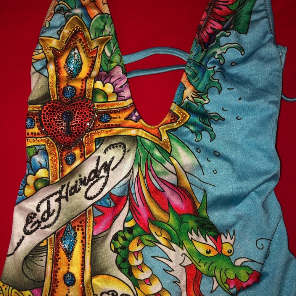 New Ed Hardy Blue Cross Tattoo Crystals Swimsuit sz XS